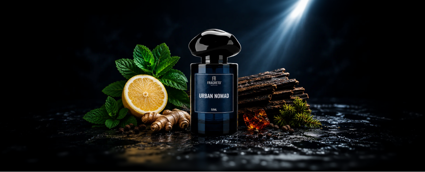 A dark glass perfume bottle labeled 'PROJETO URBAN NOMAD' stands on a dark surface with a lemon half, mint leaves, ginger root, bark, and small greenery around it. The background is black with dramatic light beams.